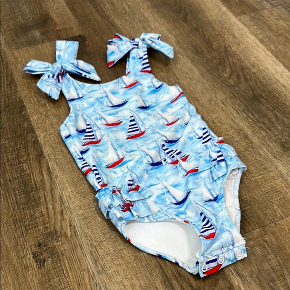 Cecil and Lou,Kids Sailboat Print Swimsuit - Blue and Red - Picture 6 of 11